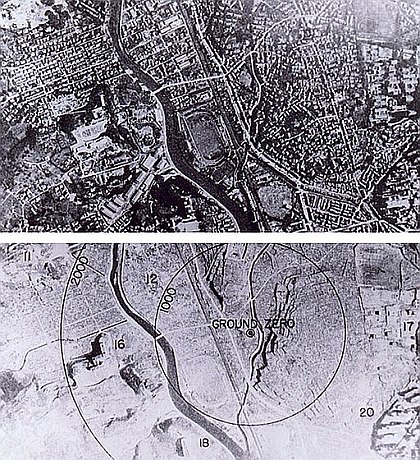 Luftaufnahme von Nagasaki vor und nach der Kernwaffenxplosion